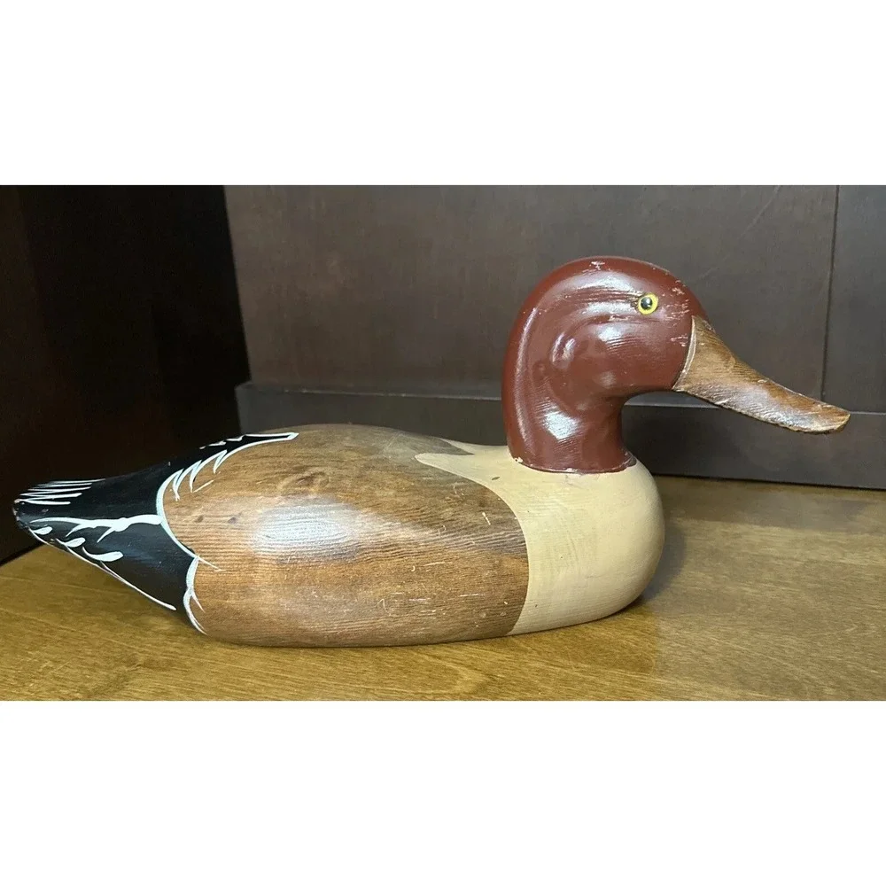 Wooden Duck Decoy Decor handmade Hand Painted Red Head Black Tail 13